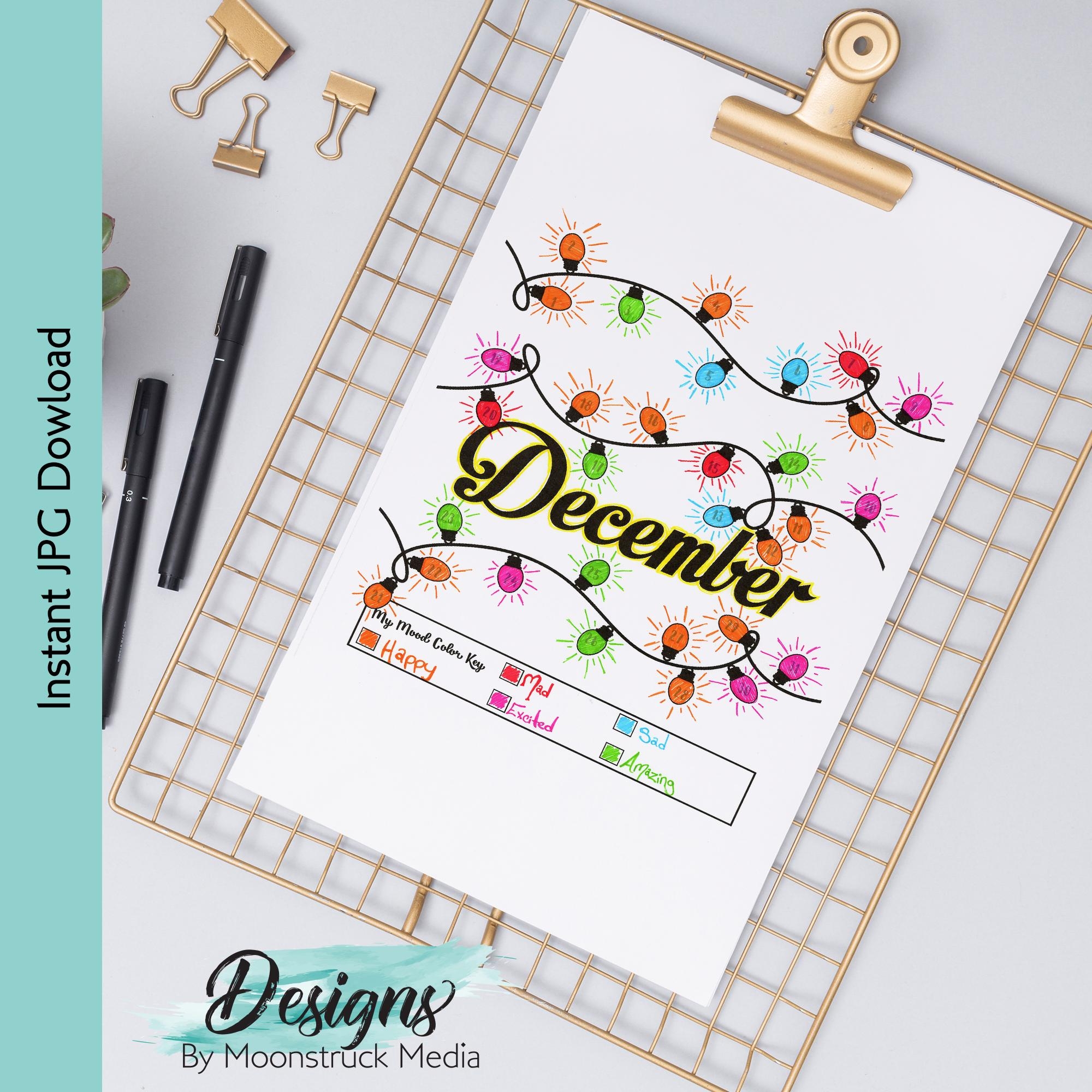 December Mood Tracker Printable String Lights Mood Journal Page Festive Bullet Journal Insert Mental Health Tracker For December Etsy
