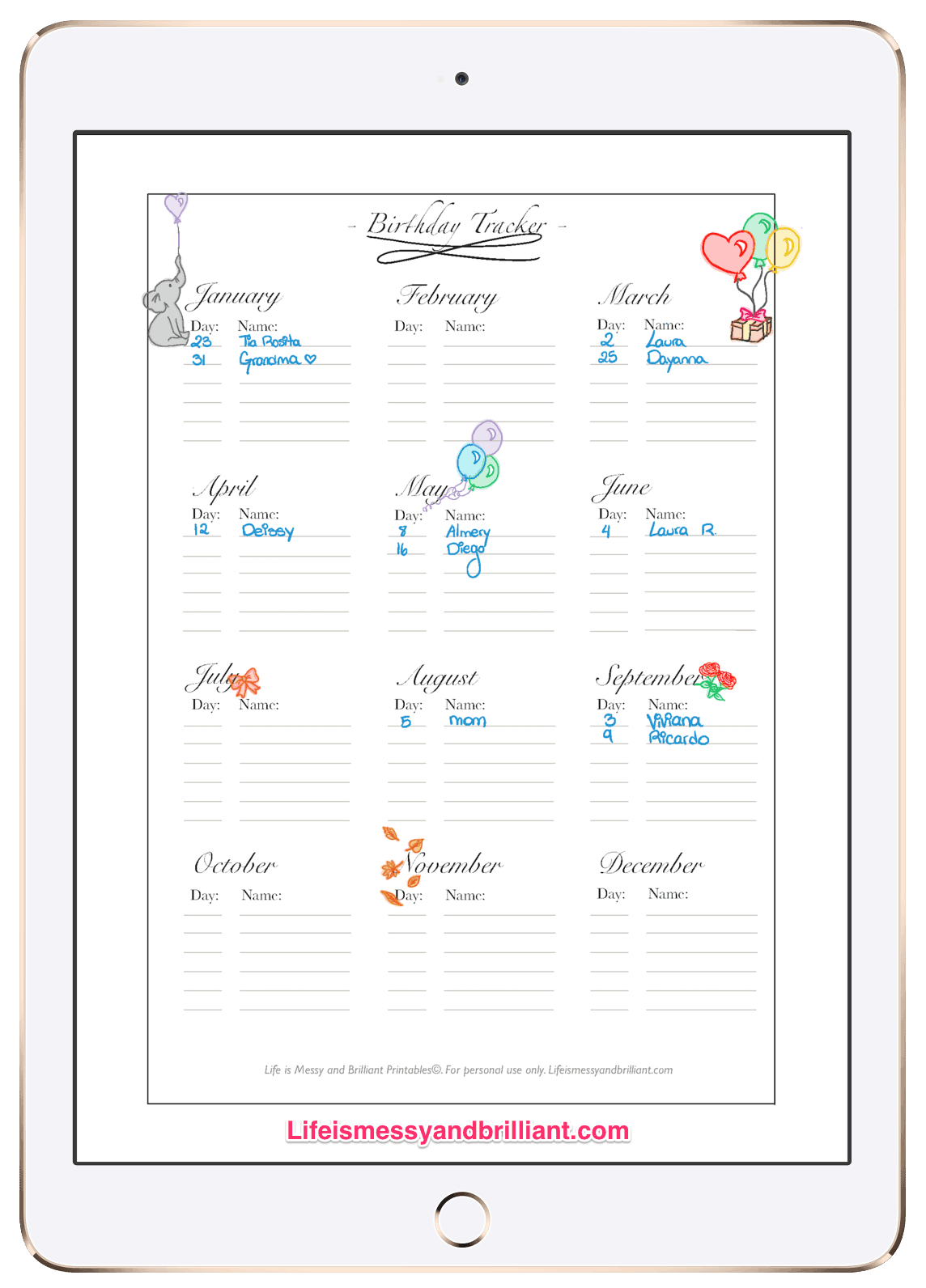 FREE Birthday Tracker Printable Bullet Journal Birthday Tracker