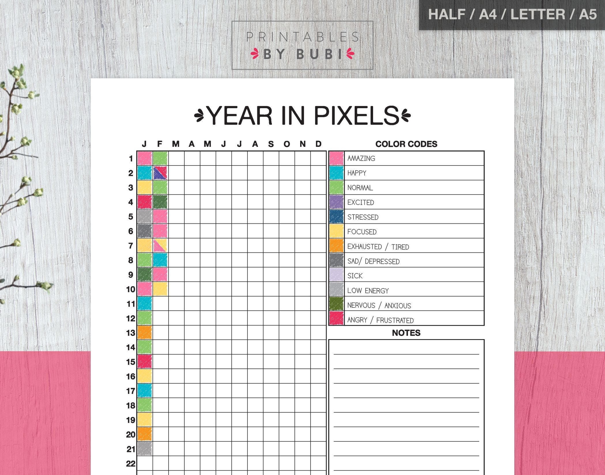 Mood Chart Mood Tracker Year In Pixels Bullet Journal Mood PDF Download Printable Planner Inserts Mood Journal Daily Mood Tracker Etsy