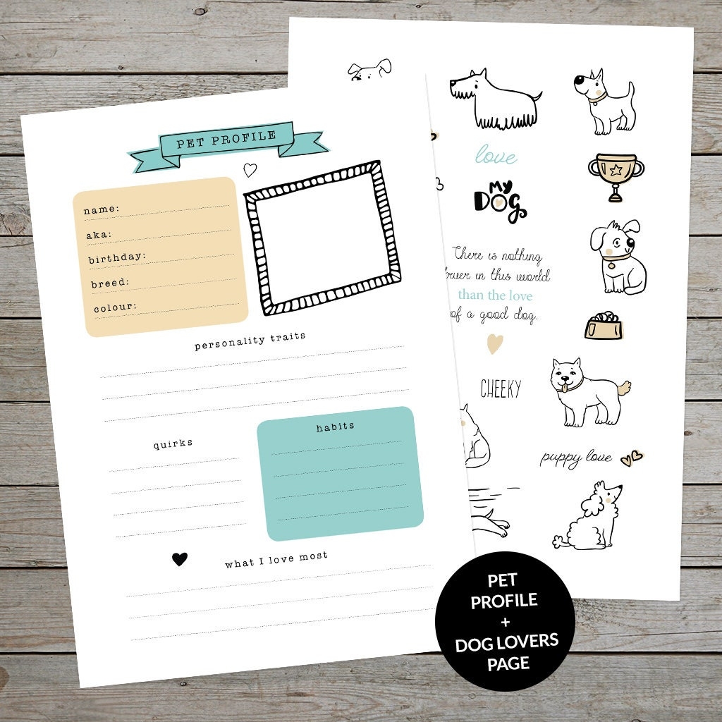 Printable Dog Journal Collection Pet Profile Page Dog Journal Page Dog Printable Stickers Journal Template Pet Tracker Etsy