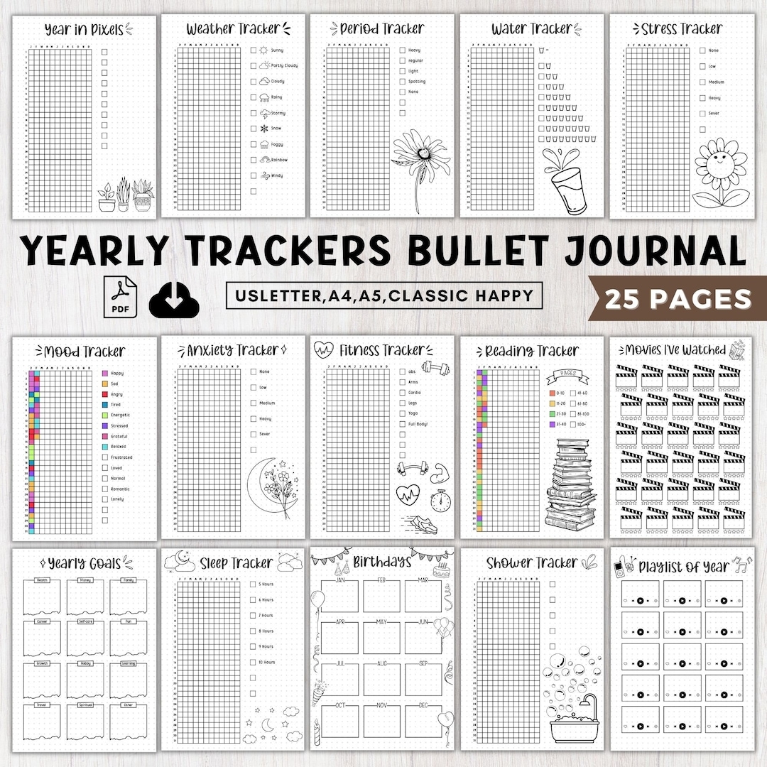Yearly Trackers Bundle Printable A5 premade Bullett Journal Pages 2025 bujo Template Dotted Grid Pages bulet Journal Binder year At A Glance Etsy