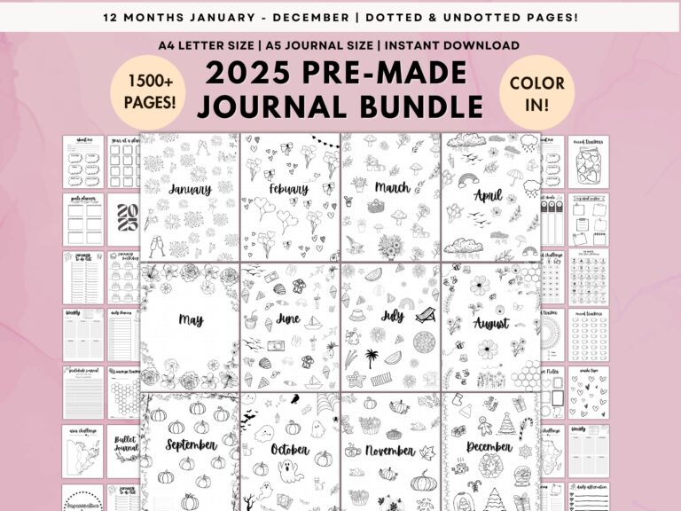 2025 Premade Bullet Journal Bundle Printable Bujo Journal Pages Undated Digital Bullet Journal Template Color In Journal Habit Mood Trackers Etsy