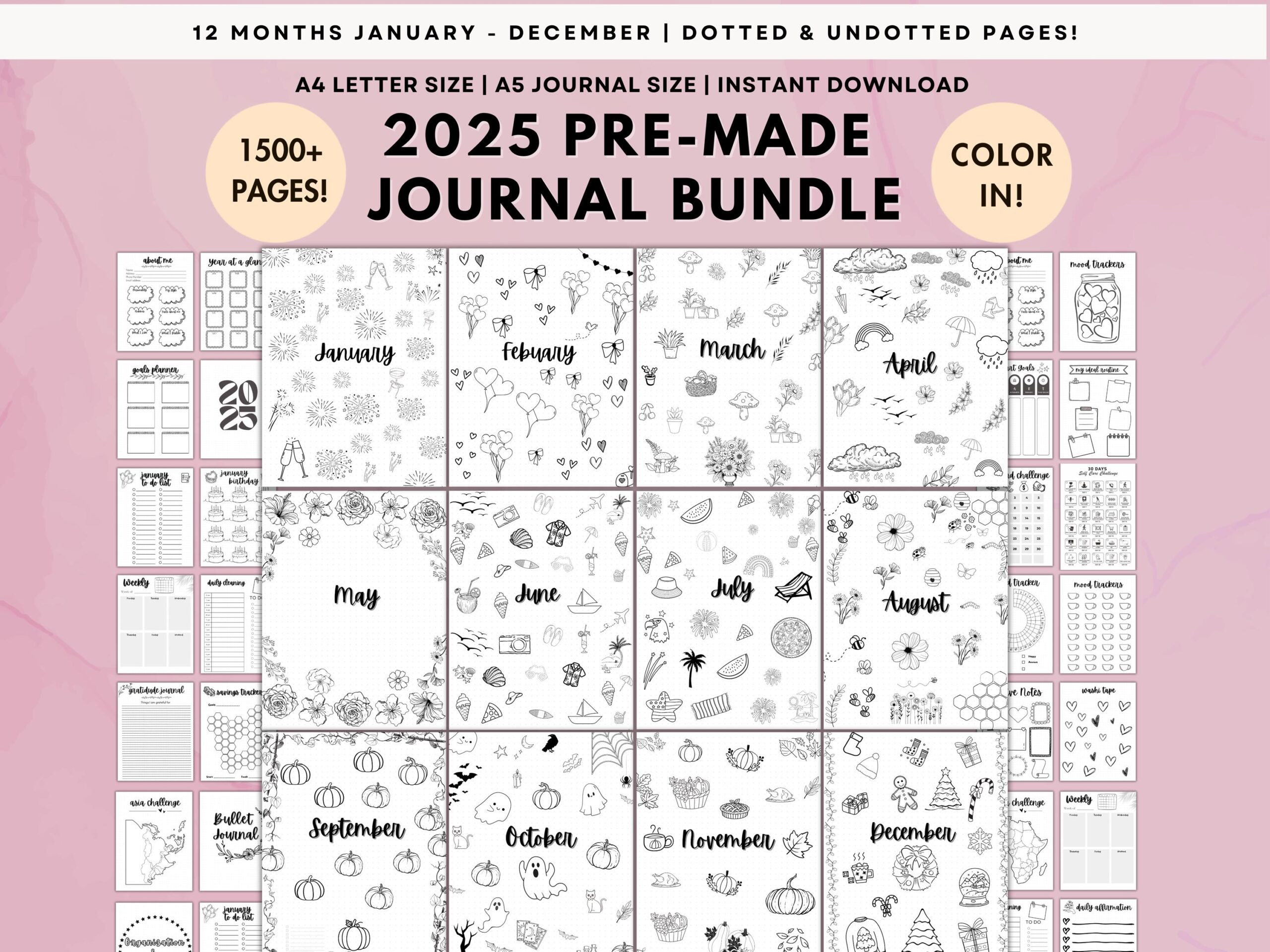 2025 Premade Bullet Journal Bundle Printable Bujo Journal Pages Undated Digital Bullet Journal Template Color In Journal Habit Mood Trackers Etsy