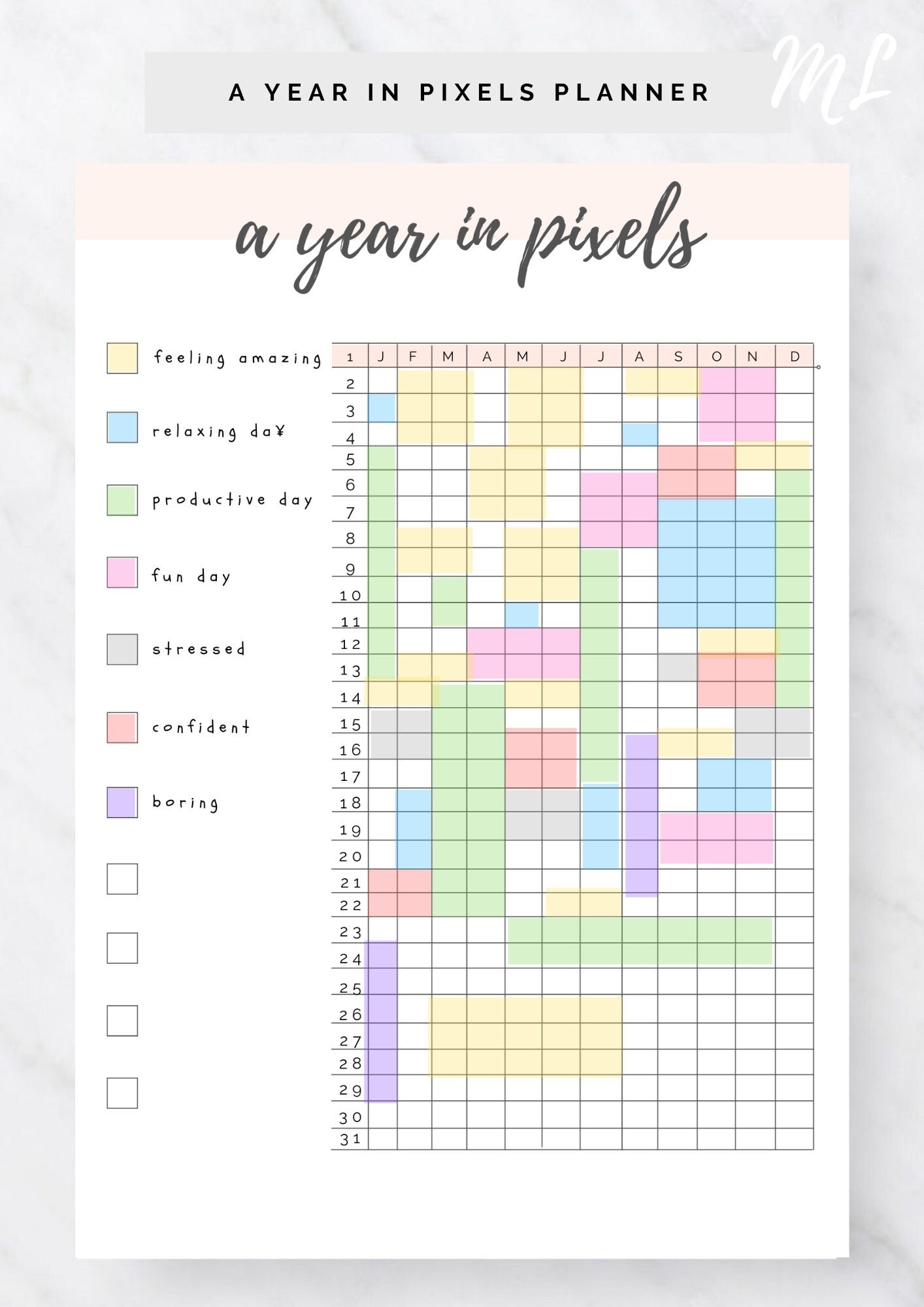 A Year In Pixels Printable Mood Tracker Bullet Journal Printable Journal Pages Bujo Inserts Wellbeing Printable Year Mood Chart Print Etsy