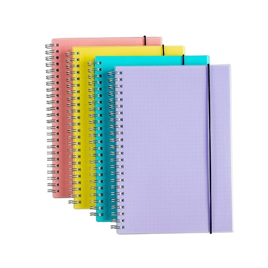 Amazon 4 Pack A5 Spiral Bullet Dotted Journal With 120gsm Thick Paper Dot Grid Spiral Notebook With Plastic Hardcover And Elastic Band Closure 70 Sheets Per Pack 5 7X 8 3 Inches Office Products