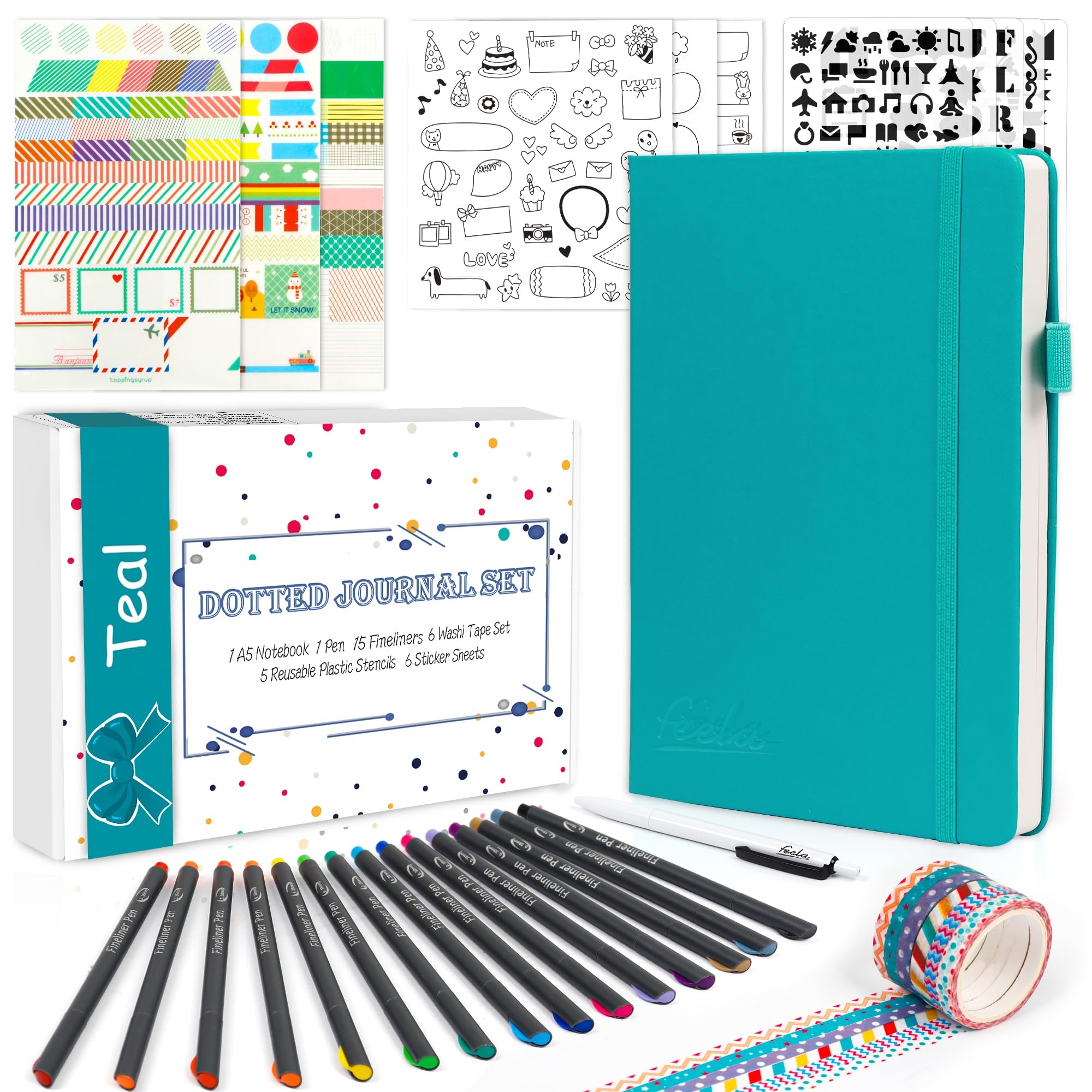 Amazon Feela Dotted Journal Kit Dot Grid Journal Hardcover Planner Notebook Set For Beginners Women Girls Note Taking With Journaling Supplies Stencils Stickers Pens Accessories A5 224 Pages Teal Office Products