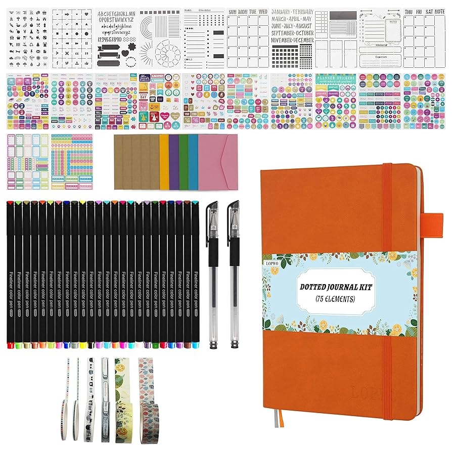 Amazon LOPWO Bullet Dotted Journal Kit With Gift Box Including 192 Numbered Pages A5 Notebook Colored Pens Stickers Stencils Washi Tapes Small Envelopes And Accessories Orange Office Products Amazon LOPWO Bullet Dotted Journal Kit With Gift Box Including 192 Numbered Pages A5 Notebook Colored Pens Stickers Stencils Washi Tapes Small Envelopes And Accessories Orange Office Products