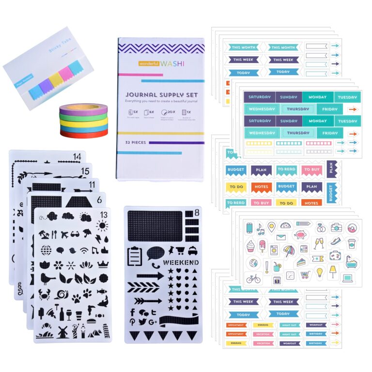 Amazon Perfect Planner Journal Supplies Kit 32 Piece Set Custom Designed Supplies For Bullet Dot Journals And Planners Includes Stickers Stencils Washi Tapes And Sticky Notes By Wonderful Washi Office Products