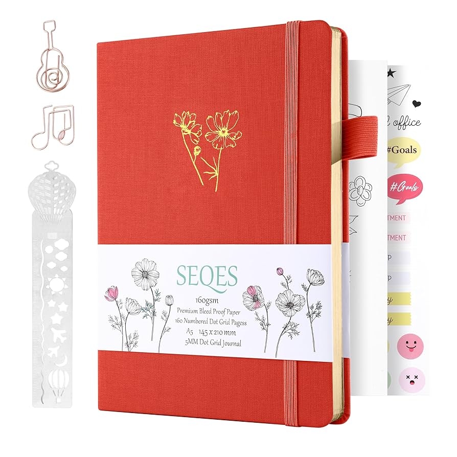 Amazon SeQeS A5 Bullet Dotted Journal Notebook 160gsm Thick Bleedproof Paper Lay Flat Binding 160 Numbered Pages Hard Cover Dot Grid Notebook Bullet Journals For Creatives blooming Flower Office Products