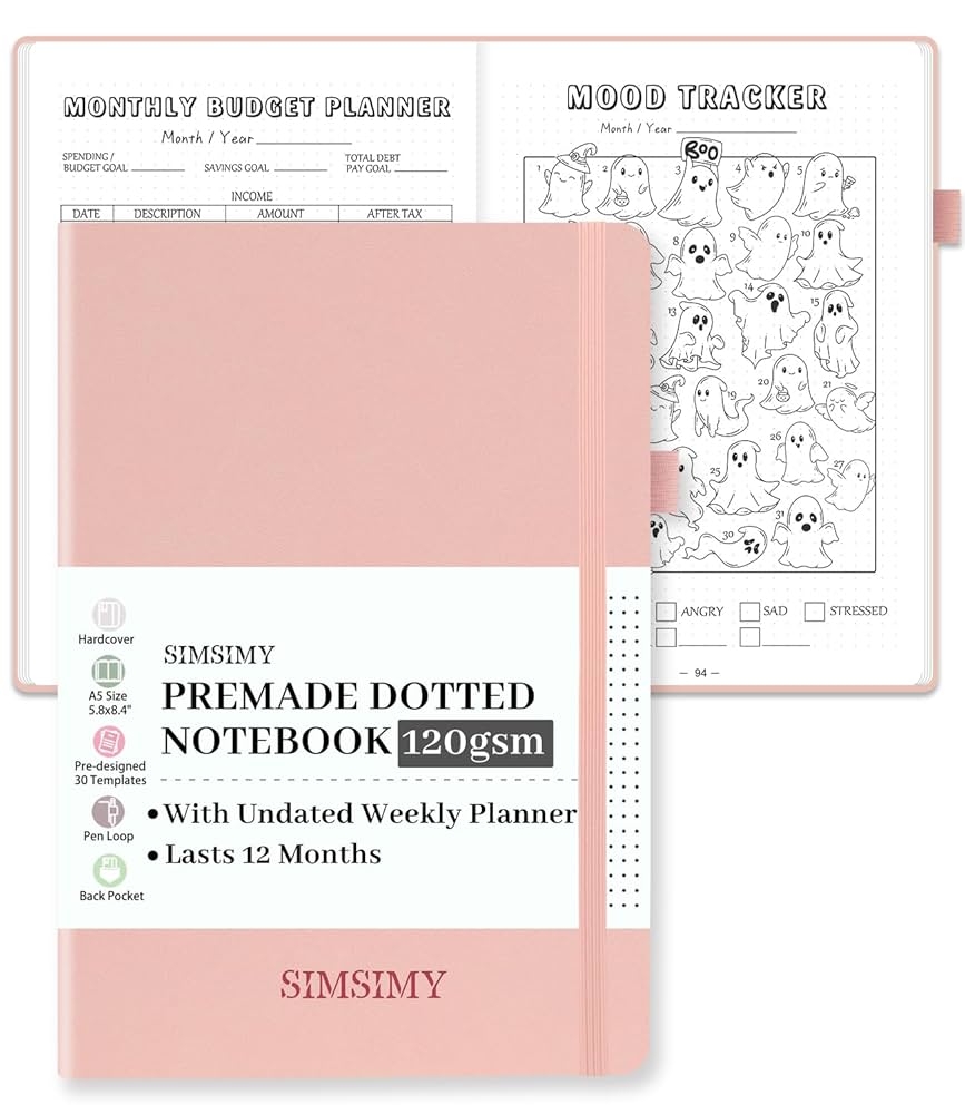 Amazon SIMSIMY Premade Bullet Dotted Journal Notebook Pre made Dot Grid Journaling With Undated Weekly Monthly Planner Various Trackers 12 Month Organization A5 Hardcover Leather Planner Notebook With Office Products