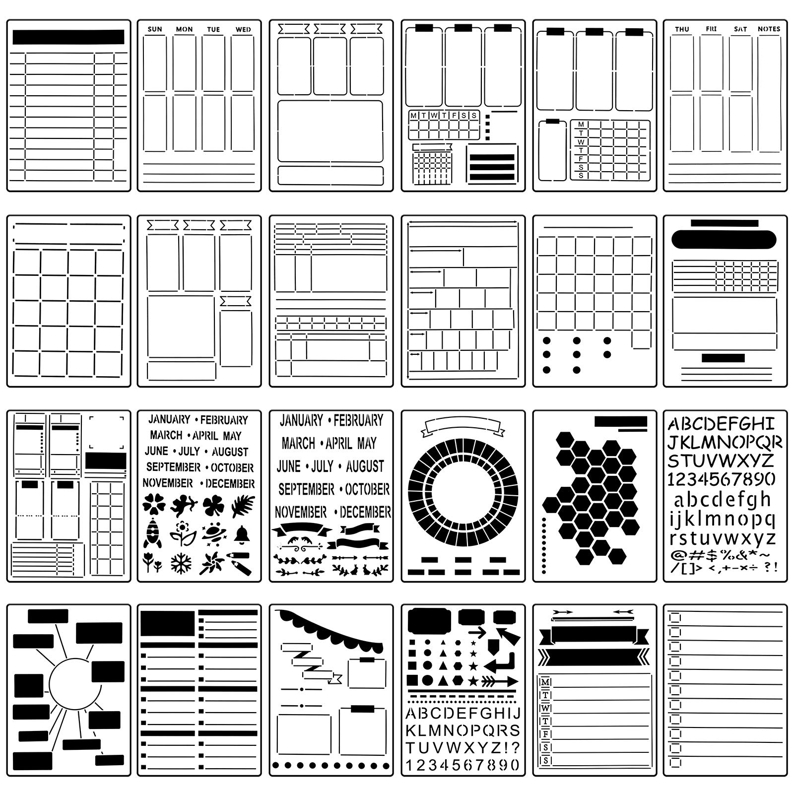 Amazon Zonon 24 Pieces Journal Stencil Set Plastic Planner Journaling Stencils Ultimate Productivity DIY Templates To Create Calendars Schedule For A5 Journal Scrapbooking Notebook Classic Style Arts Crafts Sewing