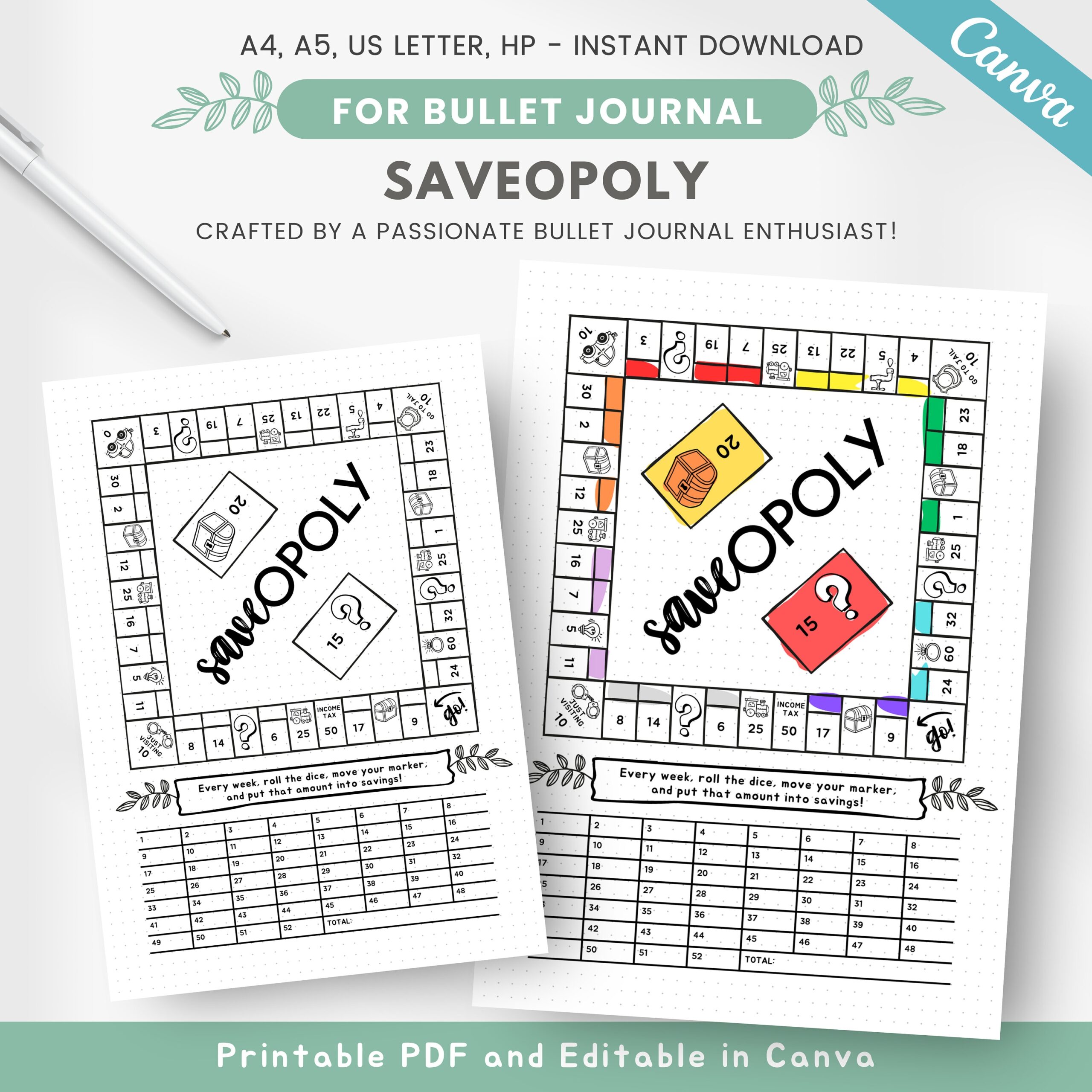 Printable Saveopoly Savings Challenge Budgeting Game Premade Page For Bullet Journaling Savings Game Editable Journal Template Etsy