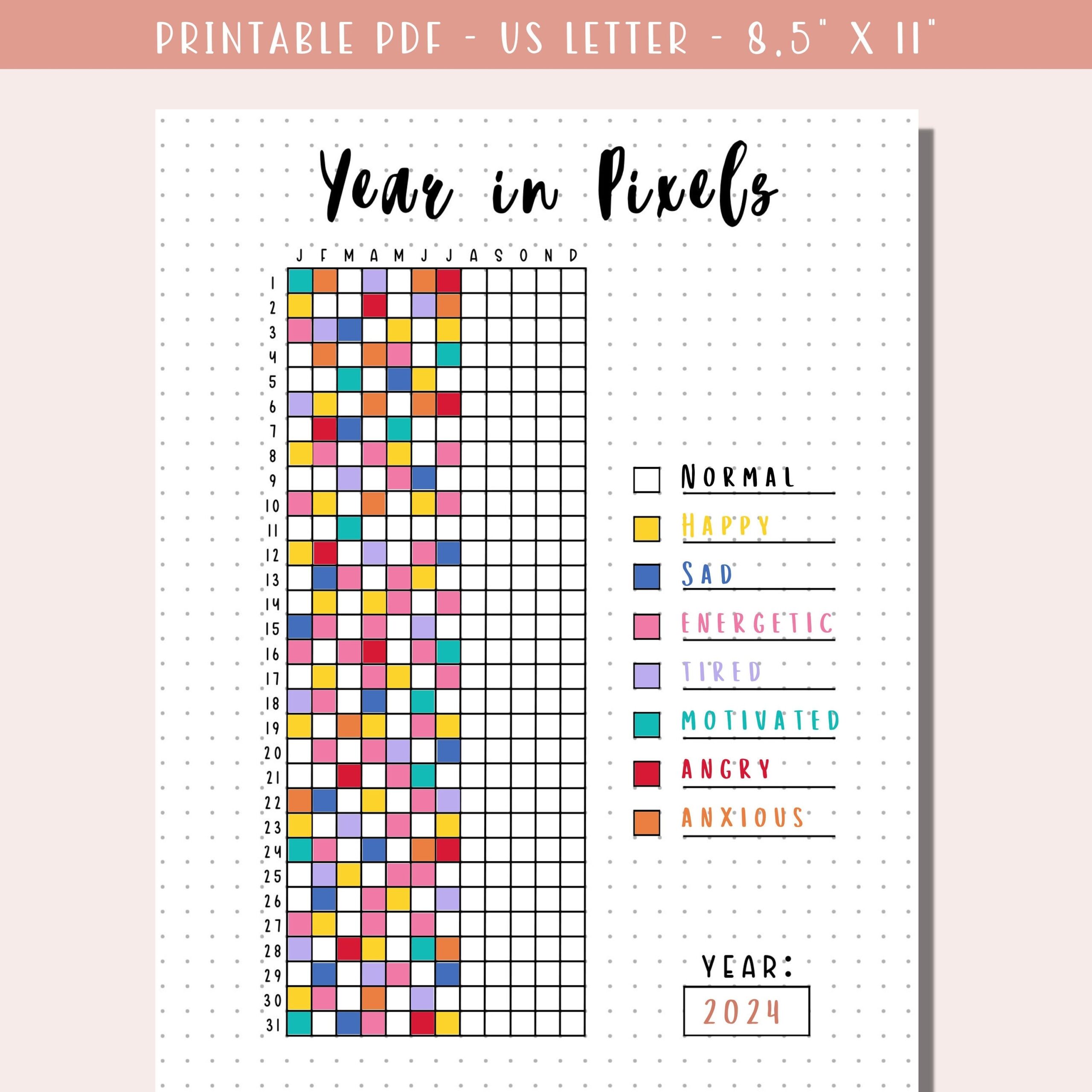 Printable Year In Pixels Tracker With Key Mood Tracker Bullet Journal Yearly Tracker A Year In Pixel Grid Printable Planner Page Etsy