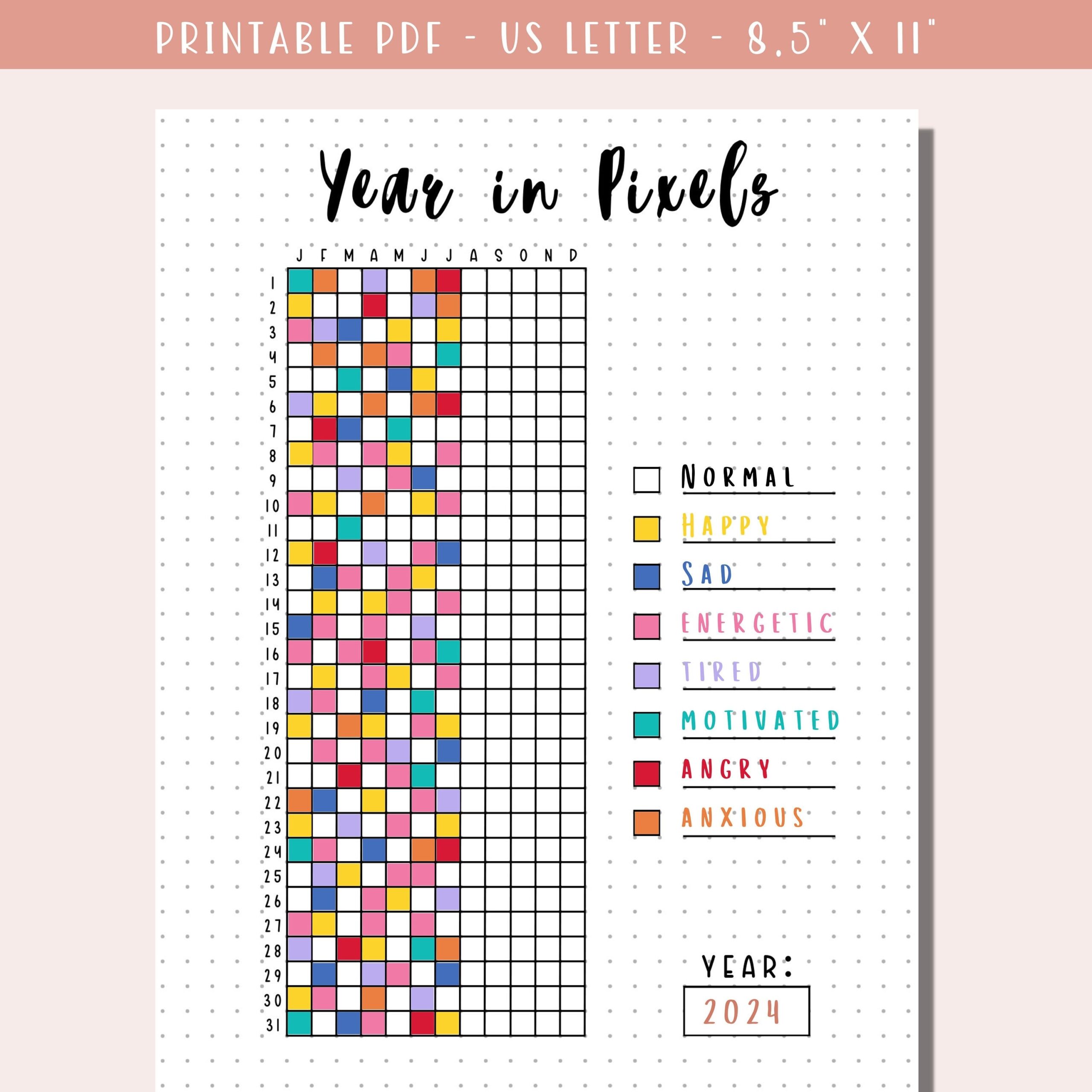 Printable Year In Pixels Tracker With Key Mood Tracker Bullet Journal Yearly Tracker A Year In Pixel Grid Printable Planner Page Etsy