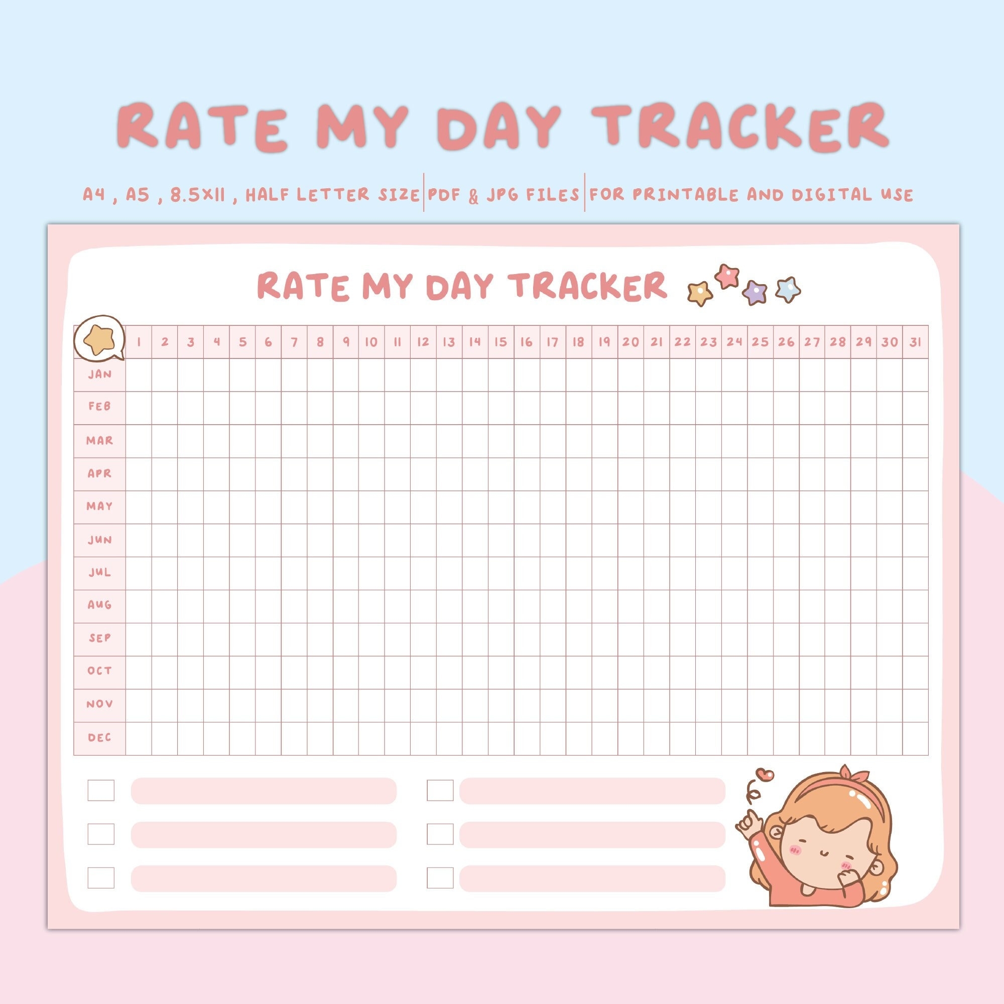 Rate My Day Printable Template Daily Rating Log Daily Mood Tracker Bullet Journal Year In Pixels Instant Download PDF Etsy