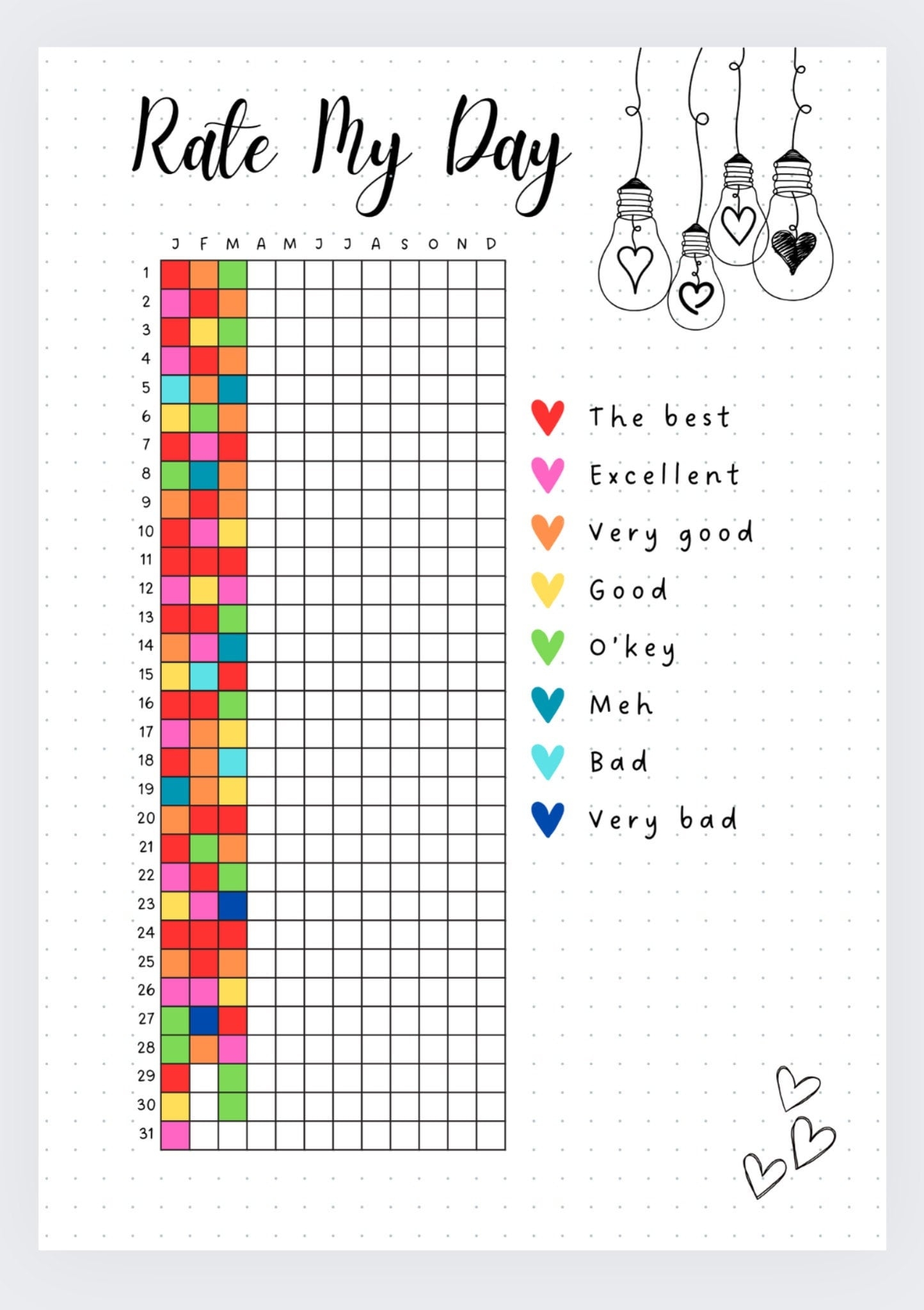 Rate My Day Printable Tracker Year In Pixels Bullet Journal Printables Mood Tracker Yearly Tracker Premade Bujo Template Etsy